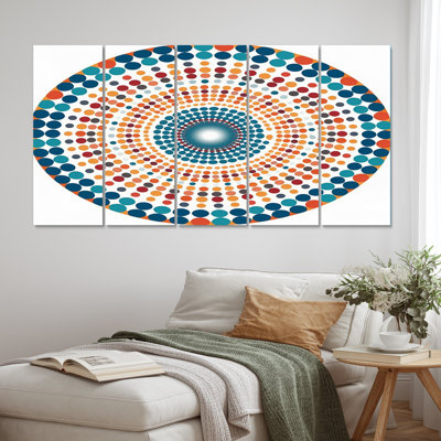 Boho Mandala In Retro Blue I - Boho Mandala Canvas Art Print - 5 Equal Panels