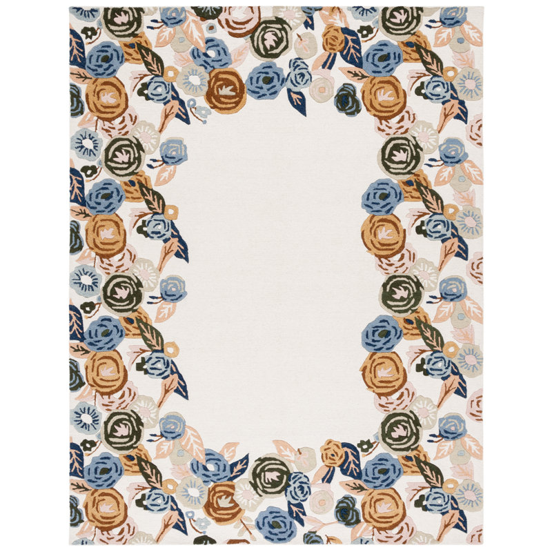 Chelsea Tufted Wool Cotton With Latex Floral Rug in Ivory/Blue, Rectangle 8' x 10'