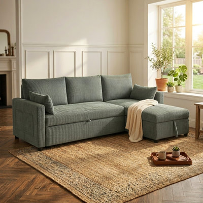 85.5" Convertible Sectional Sleeper Sofa with Pull Out Bed, Corduroy L Shaped Couch with Storage Chaise & 2 Pillows, Modular Sofa for Living Room Apartment, Green