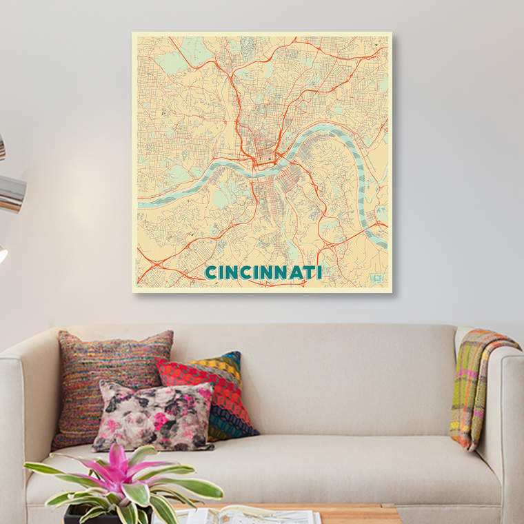 «Cincinnati Retro Urban Blueprint Map», reproduction d'impression sur toile, H 37 po x l 37 po x P 1,5 po, Toile tendue