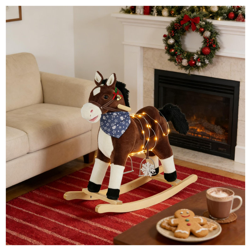 Cheval à bascule brun avec sons réalistes - Peluche et bois pour enfants