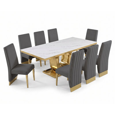 White Marble Dining Set With Velvet Side Chairs