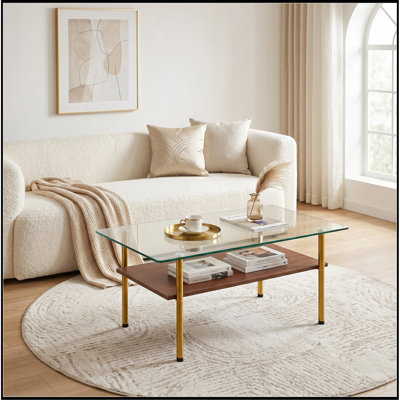 Table basse moderne en verre pour le salon, plateau rectangulaire en verre trempé, pieds en métal gloden avec tablette en bois. Facile à nettoyer, table centrale élégante de 38,6 po x 22,8 po x 17,7 po