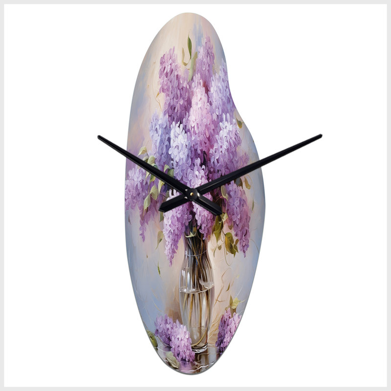 Lilas romantique Impression I - horloge murale incurvée traditionnelle en métal, impression d'horloge asymétrique, Grand