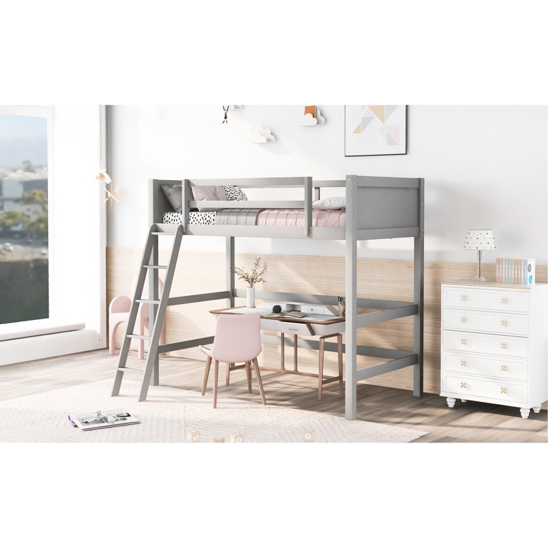 Lit mezzanine simple en bois massif gris avec construction en pin de qualité, 14 lattes et support, décor de chambre simple et élégant, lit L 78,9 po x l 42 po x H 67,3 po
