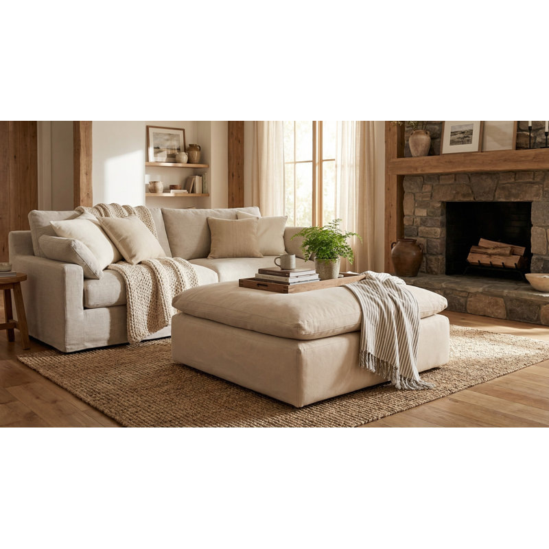 Sunset Trading Contemporary Puff Collection 44" Square Slipcovered Sectional Modular Ottoman | Performance Fabric Washable Water-Resistant Stain-Proof | Oversized Down Filled Large Sofa Footrest | Tan