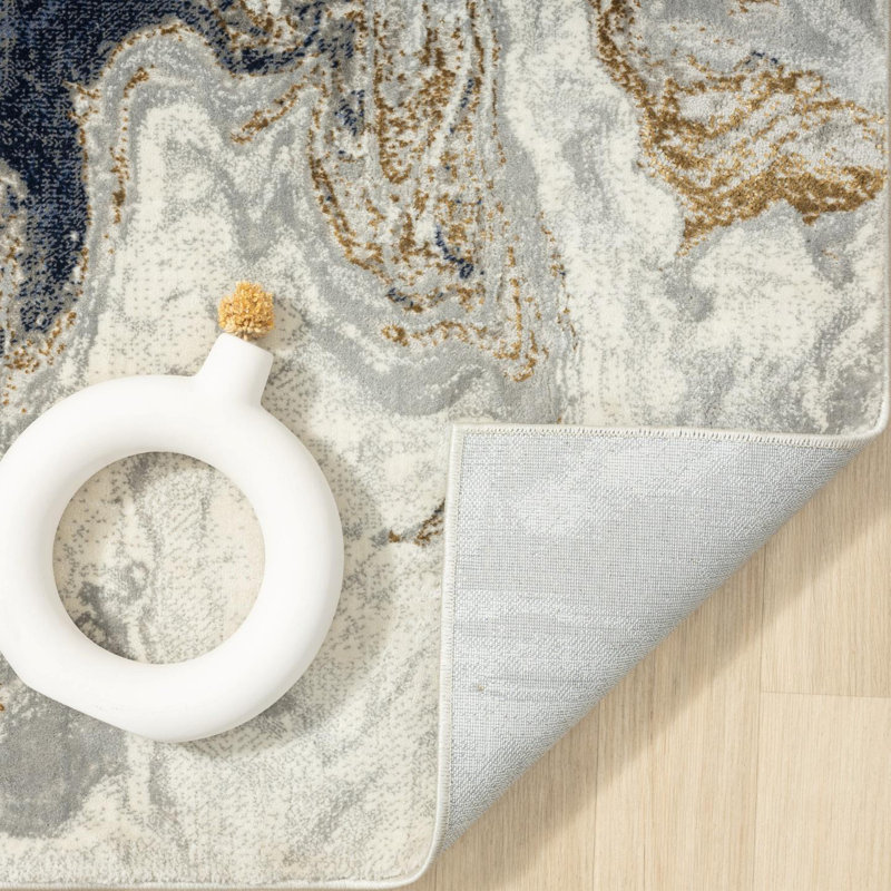 Modern Abstract Blue Gray Gold Area Rug, 	Rectangle 8' x 10'