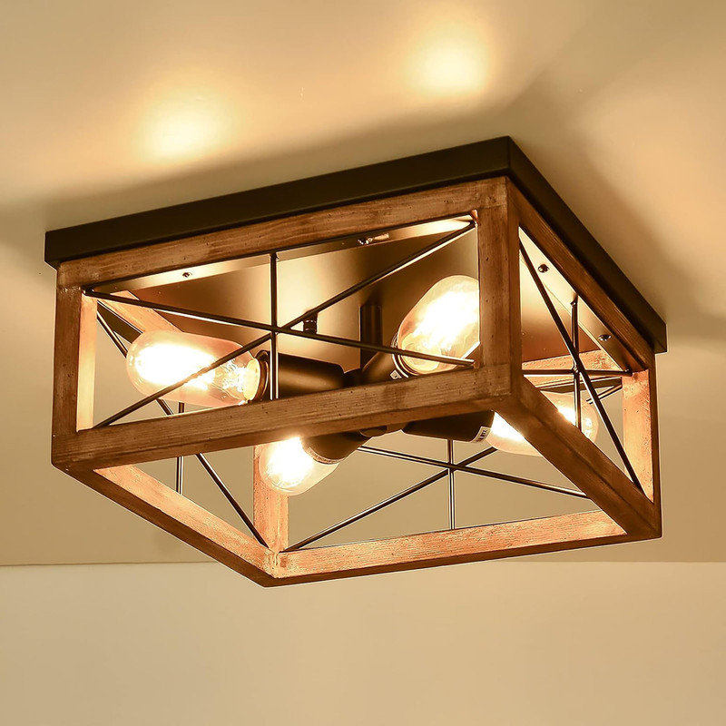 Farmhouse Black and Wood 4-Light Flush Mount Ceiling Fixture