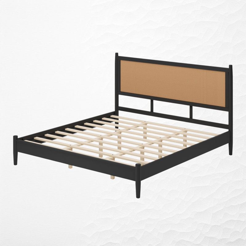 Base de lit plateforme en bois avec tête de lit en rotin, King, Black