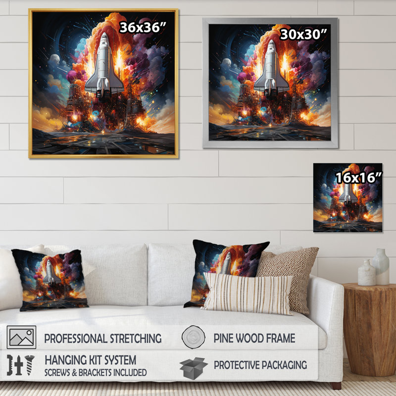 " Rocketship Interstellar Fusion ", Silver Single Picture Framed, 16" H x 16" W x 1" D