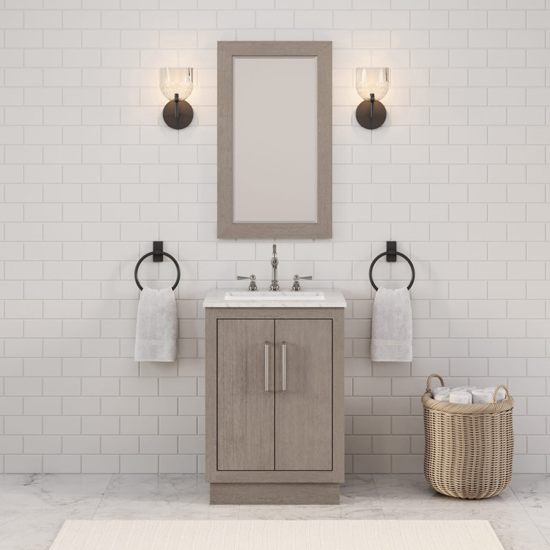Hunner 24" Carrara White Marble Countertop Bath Vanity in Gray Oak with Faucet, Chrome