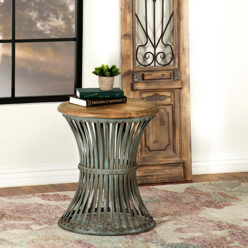 Table d'appoint ronde naturelle et bleue patinée