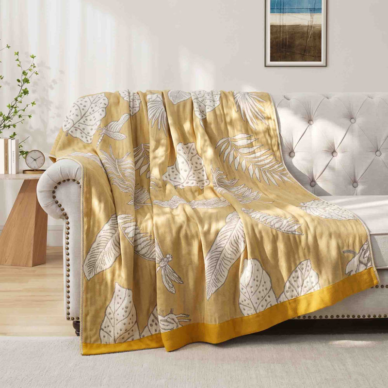 Jeté 100% coton Boho, Tropical Leave Yellow