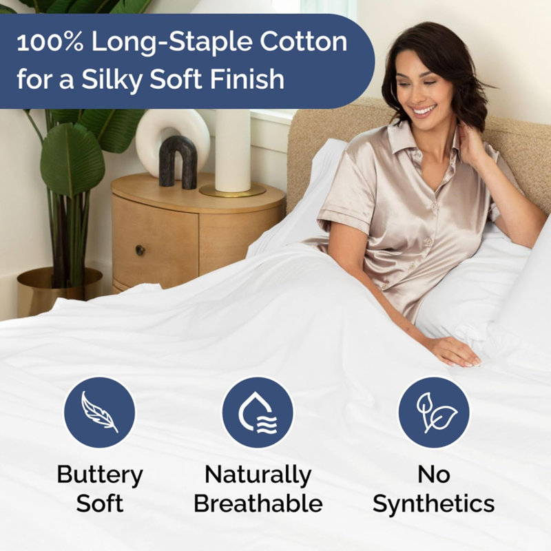 Drap en coton 400 fils - Drap rafraîchissant, respirant et doux, Très grand lit, Blanc