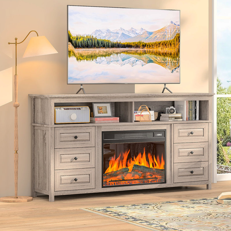 Farmhouse Fireplace TV Stand For Tvs Up To 65 Inch, LED Light Entertainment Center With Multifunctional Electric Fireplace, TV Console Cabinet With 3 Flame Effect & 6 Drawers For Living Room