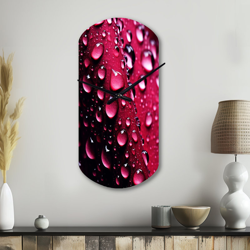 Red Rose with Raindrops XVIII - Floral Asymmetrical Metal Wall Clock, Red Cylinder Wall Clock Print, Small