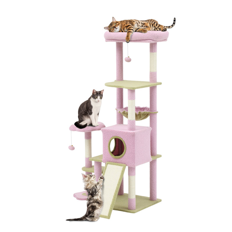 Arbre à chat multicolore en peluche avec poteaux à griffer et hamac