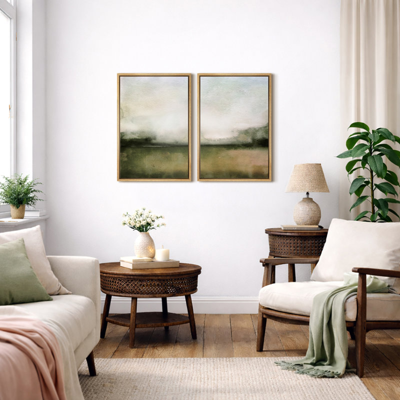 Minimal Landscape "Muted Green Watercolor Artwork, Classic Simple Minimalist Wall Pictures, Framed Canvas Giclee Print 2 Pieces Wall Art Set" 16x24x2 pcs, 24x36x2 pcs