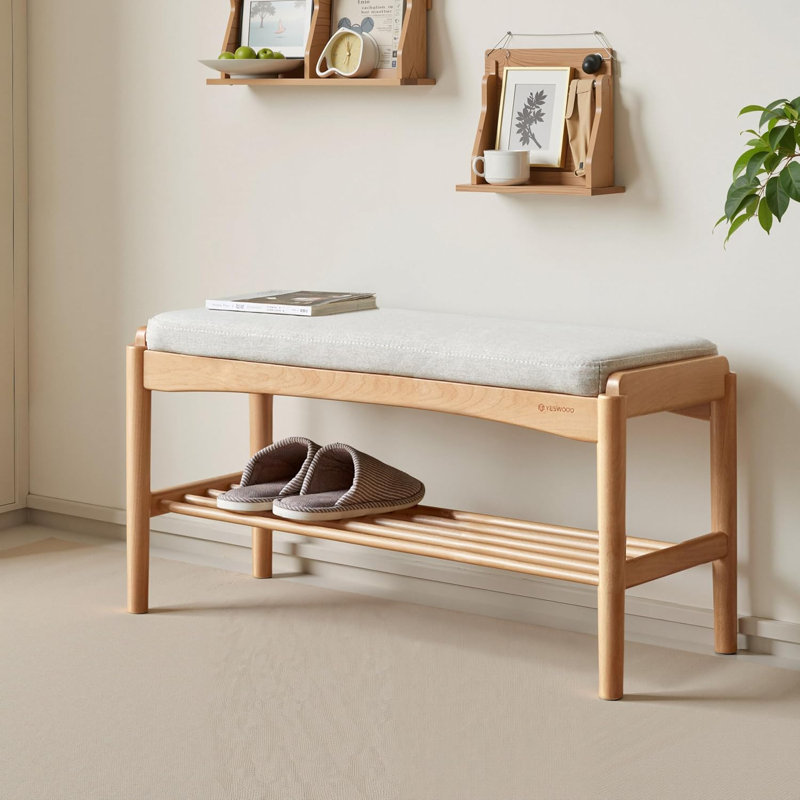 Banc à chaussures rembourré en chêne massif, H 16,53 po x l 31,5 po x P 11,8 po, Chêne naturel / beige