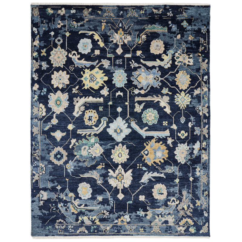 Timeless Fusion Hand Knotted Wool Floral Area Rug in Blue, Rectangle 4' x 6'