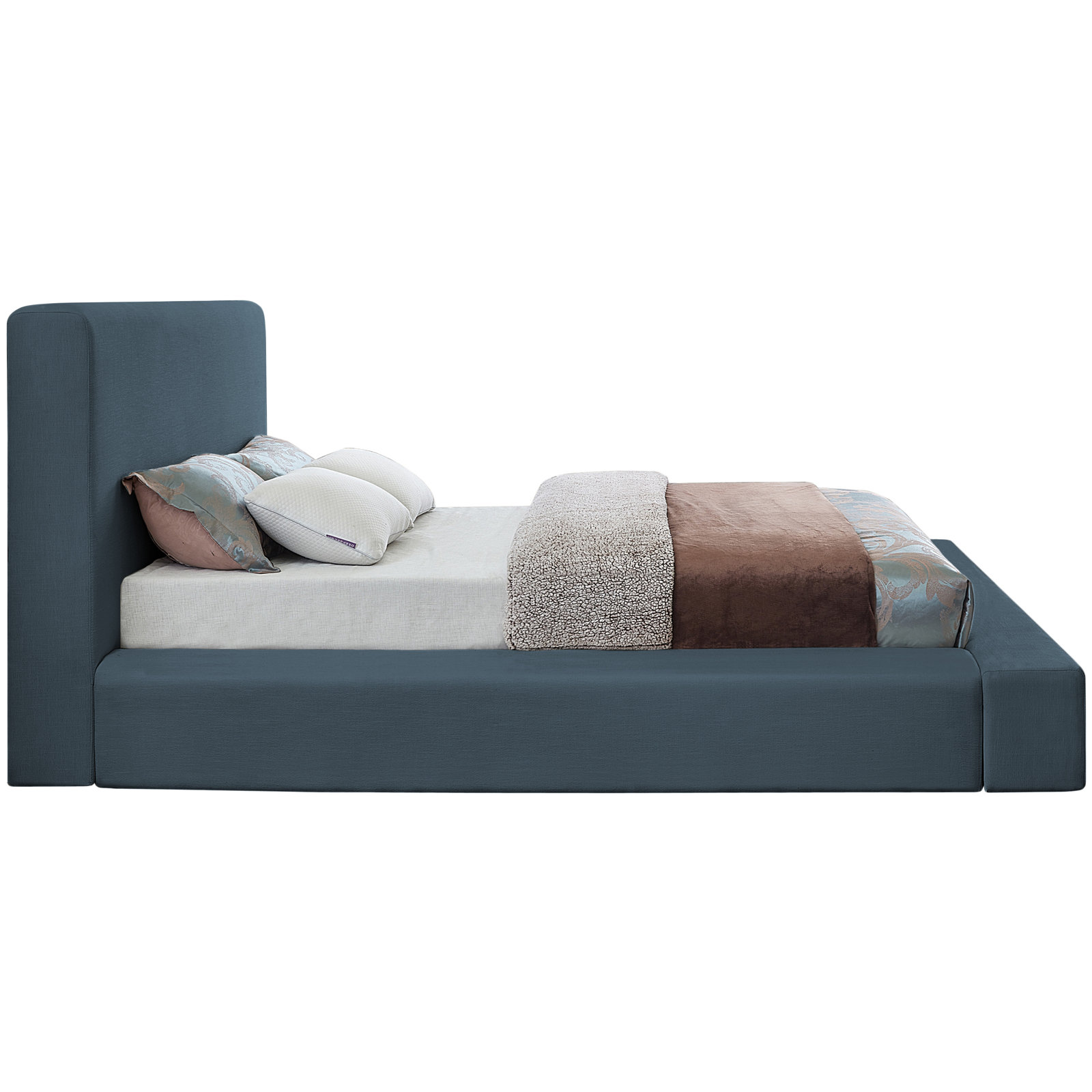 Ishia Velvet Upholstered Bed, Full, Navy Linen