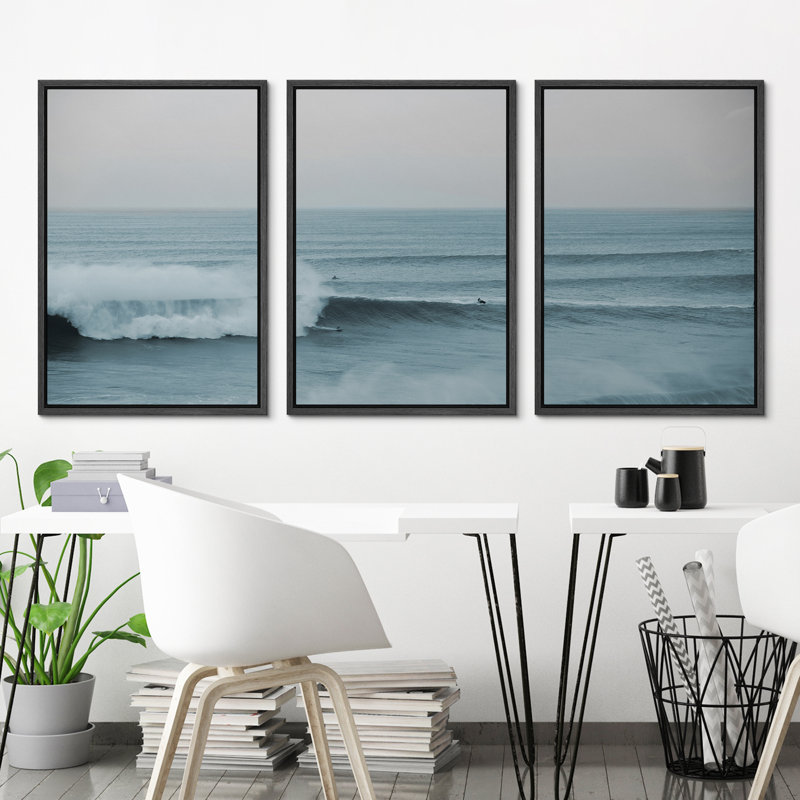 Framed Coastal Ocean Waves Triptych Canvas Print Set