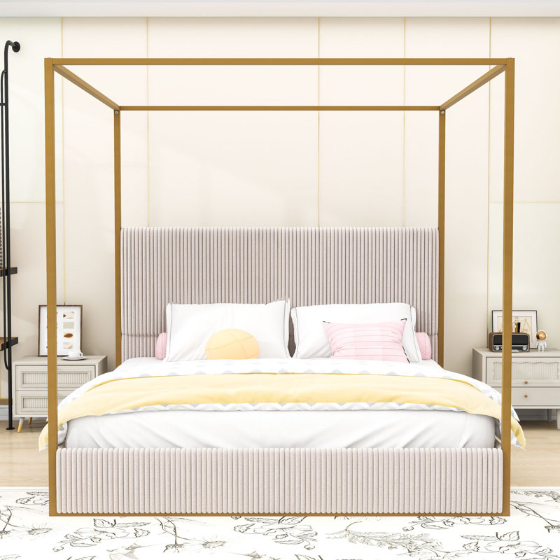 Lit à baldaquin avec tête de lit moelleuse en velours côtelé, Beige, Très grand lit