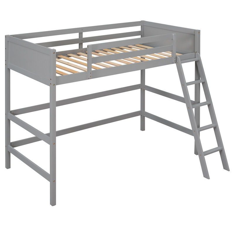 Twin Size Solid Wood Loft Bed with Ladder, Safety Guard Rails, Slat Support, No Box Spring Needed, Gray