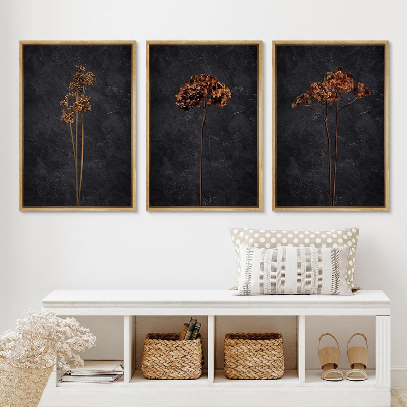 Grunge Moody Flower Minimalist Floral and Botanical Framed Canvas 3 Pieces Set Print Wall Art, Natural