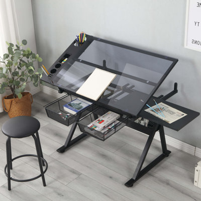 Kynnlie Adjustable Height Glass Steel Drafting Table