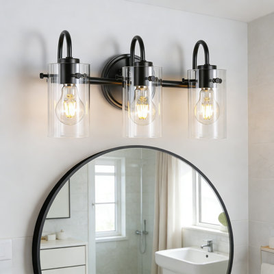 Luminaire de meuble-lavabo moderne noir mat avec abat-jour en verre transparent, applique murale 3 lumières pour la salle de bain, la cuisine, le salon et le porche