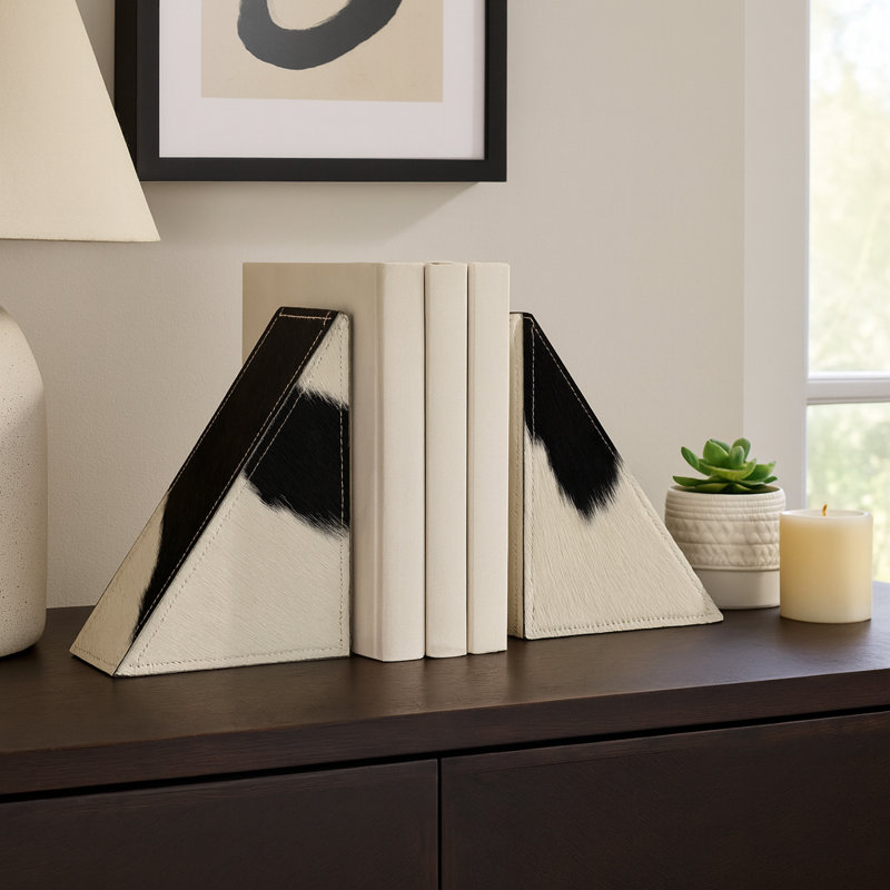 Serre-livres en cuir de vache décoratifs décoratifs de style moderne glamour pour décorations de bibliothèque, de maison et de tablette - ensemble de 2, 7 po, noir et blanc
