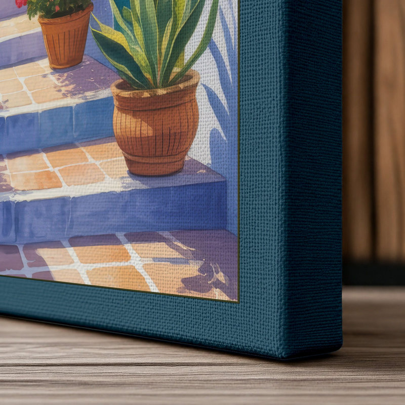 Mediterranean Alleyway Coastal - Wrapped Canvas, 18x12 - 45.7 x 30.5 cm, Teal Border