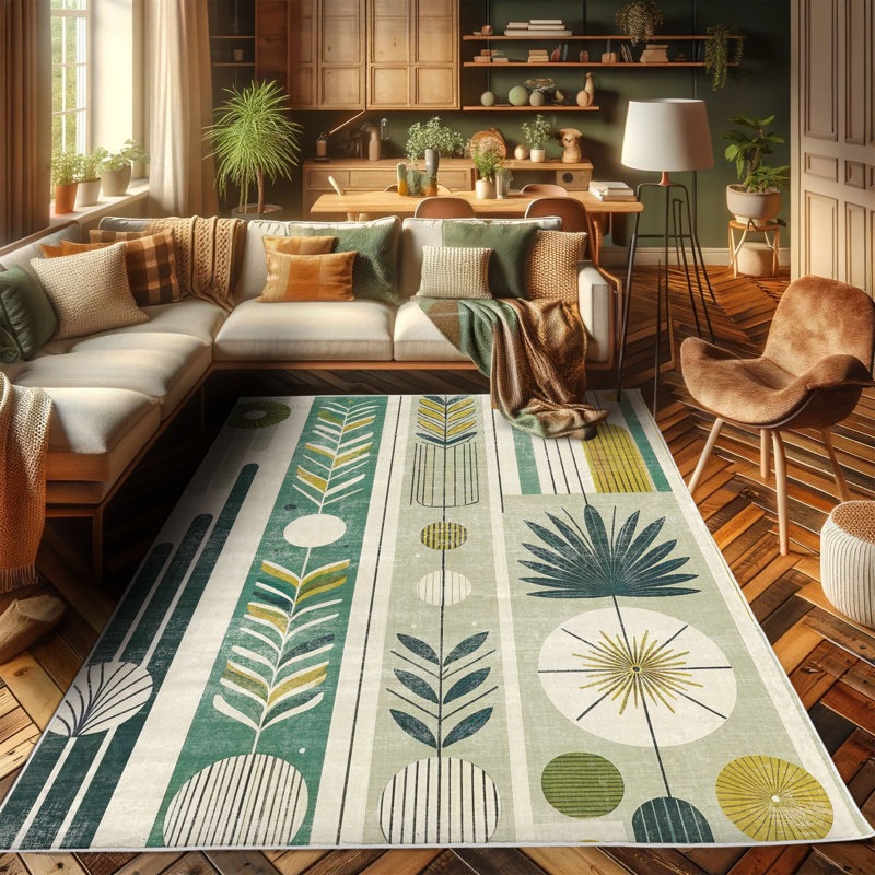 Mid-Century Modern Blue and Green Synthetic Runner Rug