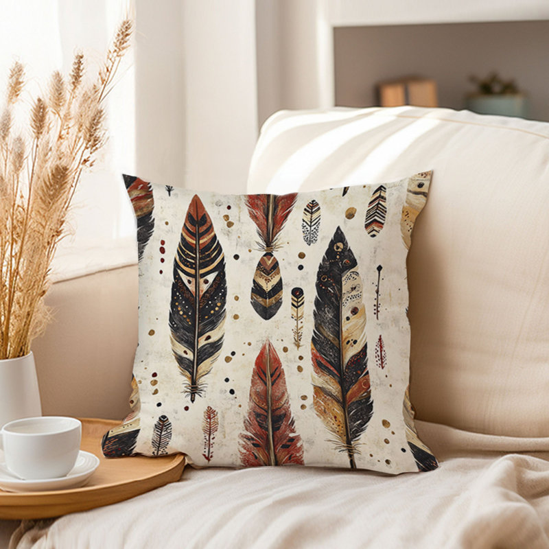 Boho Feather Dreams Pattern II Bohemian Throw Pillow Cover, Square 16"