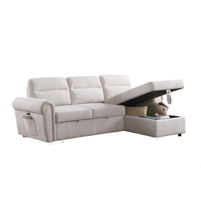 Heny Sleeper Sectional Sofa, Storage Chaise, USB, Beige Chenille 97 Inch