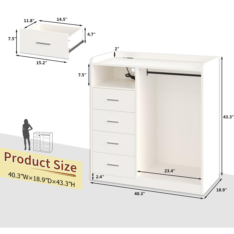 Commode de chambre à coucher avec support suspendu, commode de rangement à 4 tiroirs avec lumières DEL et station de charge USB