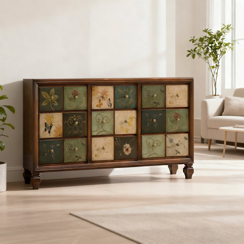 Commode peinte à la main artistique, dessin de tiroir floral, H 35,43 po x l 59,06 po x P 16,14 po