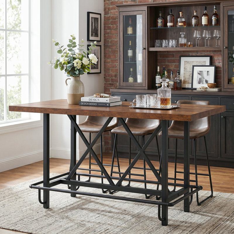 Counter Height Bar Table, 62.99" Long Pub Bar Table With Metal Footrest For Dining Kitchen Breakfast, Brown