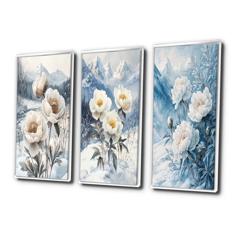 Neige pivoines dans le paysage hivernal I - Collection d'art mural grand pivoines, H 40 po x l 60 po, Blanc