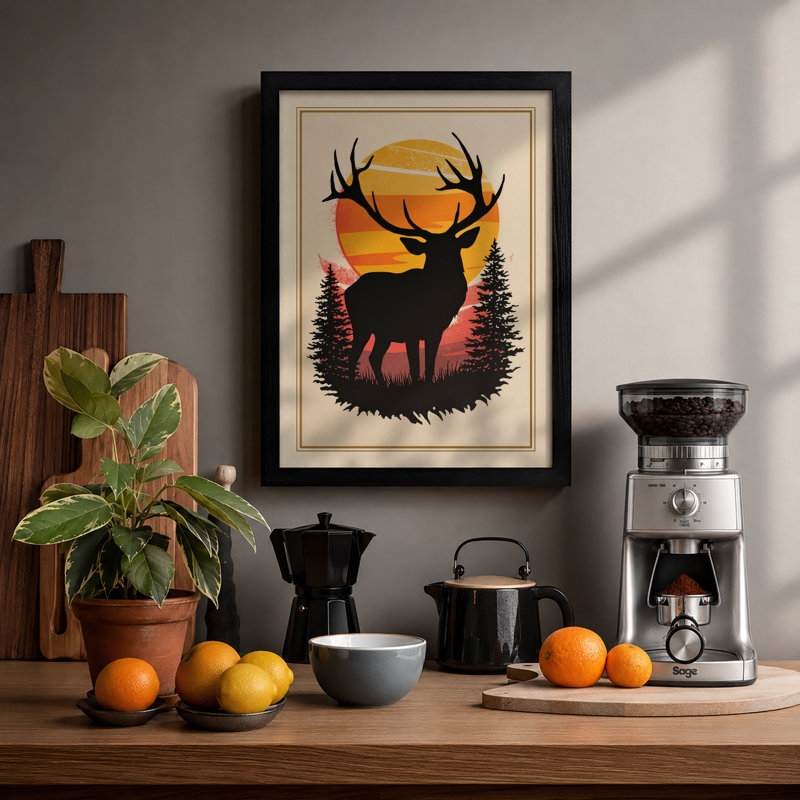 Deer in Golden Light Scandinavian - Framed Print, A2 - 59.4 x 42.0 cm, Black