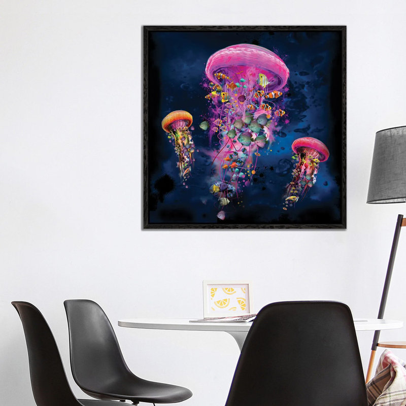 Electric Jellyfish World Pink by David Loblaw - Print on Canvas, 93.98 cm H x 93.98 cm W, Black Framed