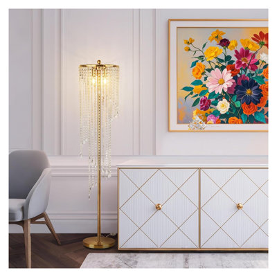 Lampe sur pied dorée en cristal moderne haut de 63 po avec abat-jour double couche pour le salon et la chambre à coucher - Comprend des ampoules DEL de 2 700 K