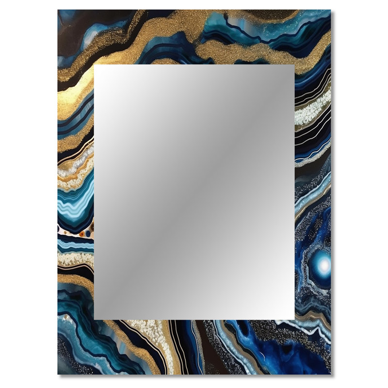 Géode dorée bleue - pierres précieuses, grand miroir mural décoratif traditionnel, art imprimé en métal, 40 po x 30 po