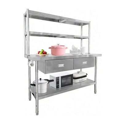 48 Inch Stainless Steel Work Table with Drawers and Overshelves Heavy Duty Commercial Kitchen Prep Table with Adjustable Undershelf