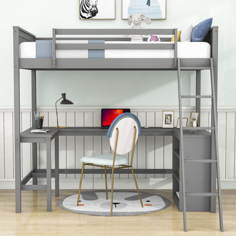 Lit mezzanine avec tablettes et bureau Ehlani, Simple, Espresso