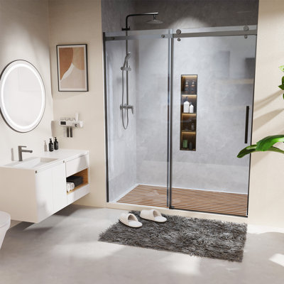 Yokwok 60" W X 72" H Double Sliding Shower Door, 8mm Frame Clear Tempered Glass Bathroom Door With Anti-leak Seal, Reversible Installation, For Bathroom Use, Matte Black