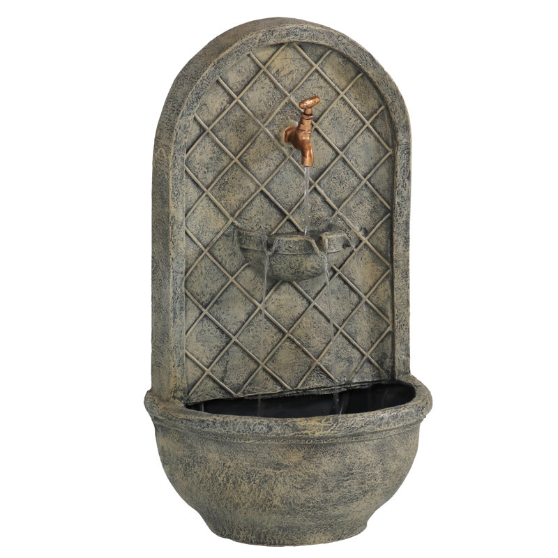 Tristin Weather-Resistant Polystone Outdoor Wall Fountain - French Limestone, Light Gray