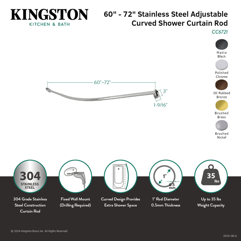 Kingston Brass Edenscape 60-Inch-72-Inch Stainless Steel Adjustable Single Curved Shower Curtain Rod, Polished Chrome
