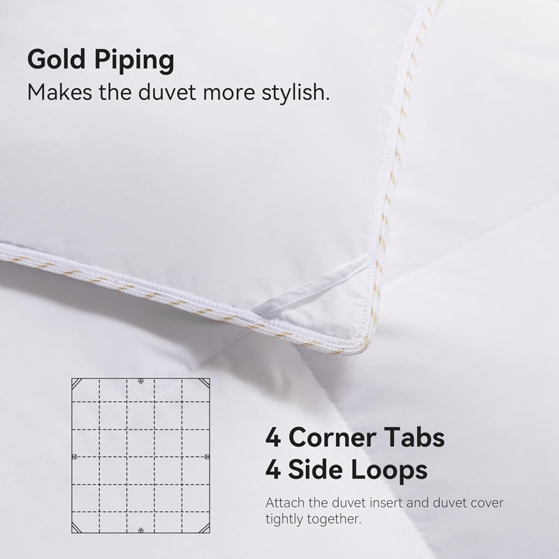 Queen Size White Goose Feather Down Comforter with Gold Piping